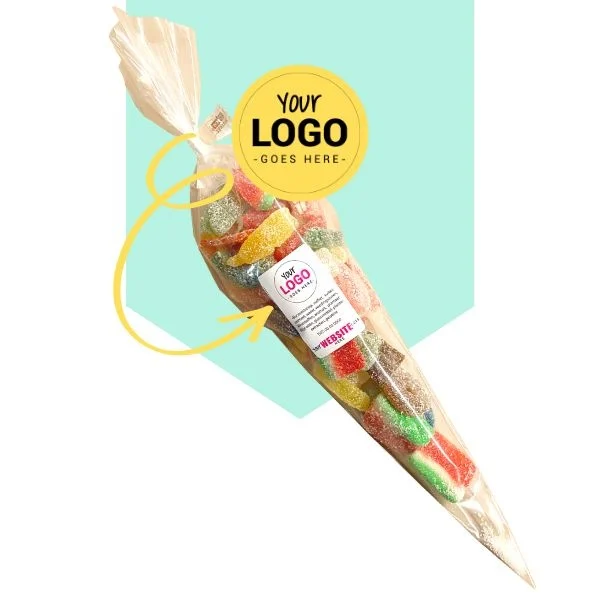Bedrukte snoepzakjes met zuur - gesuikerde mix met logo (150 gram)