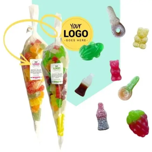  Bedrukte snoepzakjes met logo & 1 snoepsoort als inhoud (150 gram)
