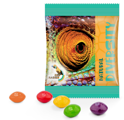 Gepersonaliseerde flowpack skittles in composteerbare verpakking!